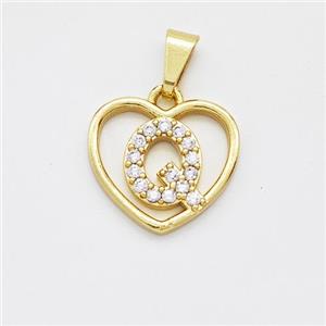 Copper Heart Pendant Pave Zirconia Letter-Q Gold Plated, approx 16mm