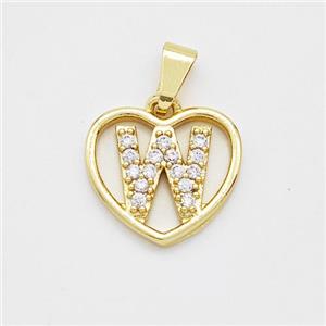 Copper Heart Pendant Pave Zirconia Letter-W Gold Plated, approx 16mm