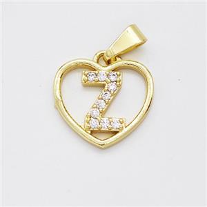 Copper Heart Pendant Pave Zirconia Letter-Z Gold Plated, approx 16mm