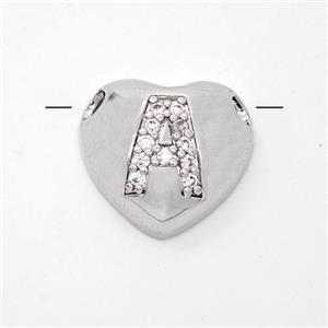 Copper Heart Pendant Pave Zirconia Letter-A Large Hole Platinum Plated, approx 16mm, 3mm hole