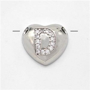 Copper Heart Pendant Pave Zirconia Letter-D Large Hole Platinum Plated, approx 16mm, 3mm hole