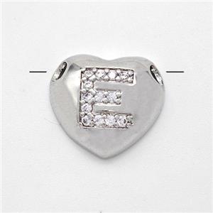 Copper Heart Pendant Pave Zirconia Letter-E Large Hole Platinum Plated, approx 16mm, 3mm hole