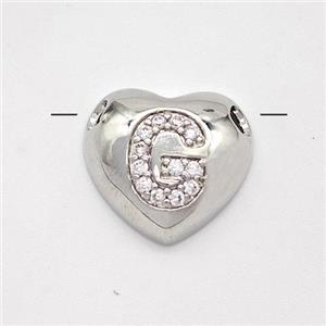 Copper Heart Pendant Pave Zirconia Letter-G Large Hole Platinum Plated, approx 16mm, 3mm hole