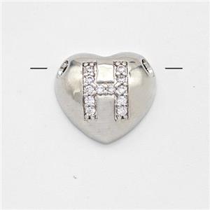 Copper Heart Pendant Pave Zirconia Letter-H Large Hole Platinum Plated, approx 16mm, 3mm hole