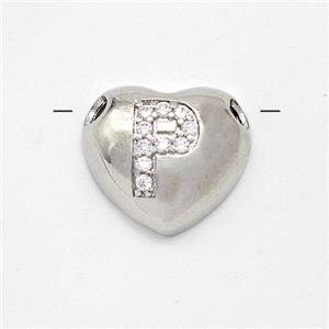 Copper Heart Pendant Pave Zirconia Letter-P Large Hole Platinum Plated, approx 16mm, 3mm hole