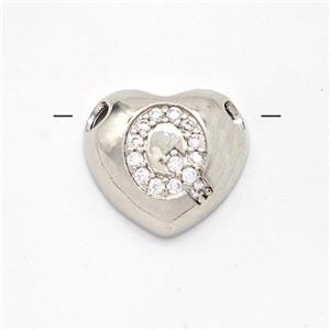 Copper Heart Pendant Pave Zirconia Letter-Q Large Hole Platinum Plated, approx 16mm, 3mm hole