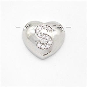 Copper Heart Pendant Pave Zirconia Letter-S Large Hole Platinum Plated, approx 16mm, 3mm hole