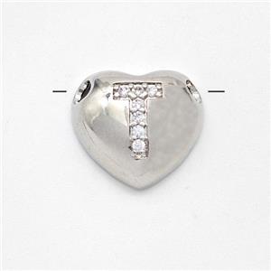 Copper Heart Pendant Pave Zirconia Letter-T Large Hole Platinum Plated, approx 16mm, 3mm hole