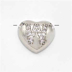 Copper Heart Pendant Pave Zirconia Letter-W Large Hole Platinum Plated, approx 16mm, 3mm hole