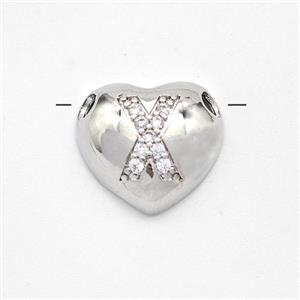 Copper Heart Pendant Pave Zirconia Letter-X Large Hole Platinum Plated, approx 16mm, 3mm hole