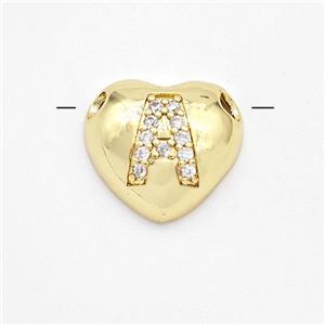 Copper Heart Pendant Pave Zirconia Letter-A Large Hole Gold Plated, approx 16mm, 3mm hole