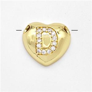 Copper Heart Pendant Pave Zirconia Letter-D Large Hole Gold Plated, approx 16mm, 3mm hole