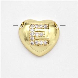 Copper Heart Pendant Pave Zirconia Letter-E Large Hole Gold Plated, approx 16mm, 3mm hole