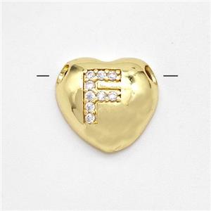 Copper Heart Pendant Pave Zirconia Letter-F Large Hole Gold Plated, approx 16mm, 3mm hole