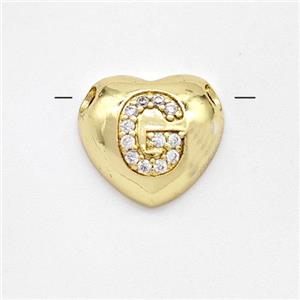 Copper Heart Pendant Pave Zirconia Letter-G Large Hole Gold Plated, approx 16mm, 3mm hole