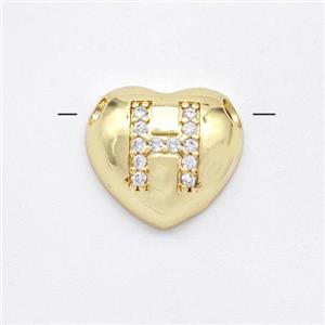 Copper Heart Pendant Pave Zirconia Letter-H Large Hole Gold Plated, approx 16mm, 3mm hole