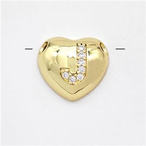 Copper Heart Pendant Pave Zirconia Letter-J Large Hole Gold Plated, approx 16mm, 3mm hole