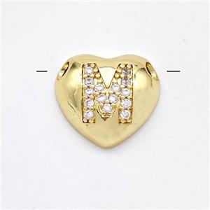 Copper Heart Pendant Pave Zirconia Letter-M Large Hole Gold Plated, approx 16mm, 3mm hole