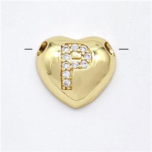 Copper Heart Pendant Pave Zirconia Letter-P Large Hole Gold Plated, approx 16mm, 3mm hole