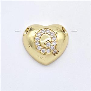 Copper Heart Pendant Pave Zirconia Letter-Q Large Hole Gold Plated, approx 16mm, 3mm hole