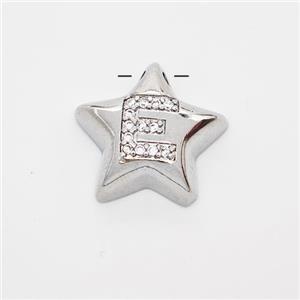 Copper Star Pendant Pave Zirconia Letter-E Large Hole Platinum Plated, approx 16mm, 3mm hole