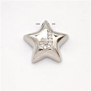 Copper Star Pendant Pave Zirconia Letter-J Large Hole Platinum Plated, approx 16mm, 3mm hole