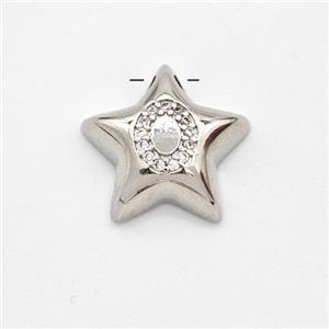 Copper Star Pendant Pave Zirconia Letter-O Large Hole Platinum Plated, approx 16mm, 3mm hole