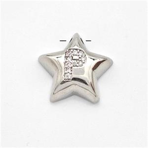 Copper Star Pendant Pave Zirconia Letter-P Large Hole Platinum Plated, approx 16mm, 3mm hole