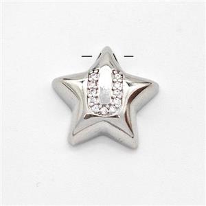 Copper Star Pendant Pave Zirconia Letter-U Large Hole Platinum Plated, approx 16mm, 3mm hole