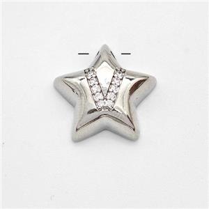 Copper Star Pendant Pave Zirconia Letter-V Large Hole Platinum Plated, approx 16mm, 3mm hole