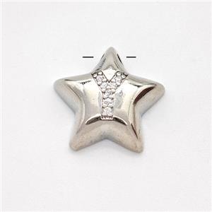 Copper Star Pendant Pave Zirconia Letter-Y Large Hole Platinum Plated, approx 16mm, 3mm hole