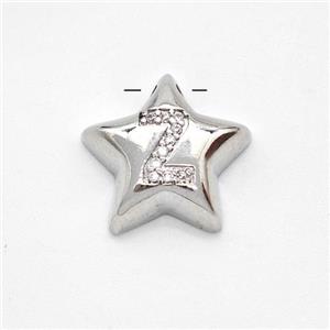 Copper Star Pendant Pave Zirconia Letter-Z Large Hole Platinum Plated, approx 16mm, 3mm hole