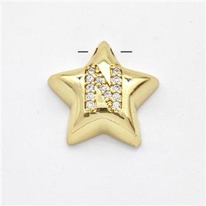 Copper Star Pendant Pave Zirconia Letter-N Large Hole Gold Plated, approx 16mm, 3mm hole