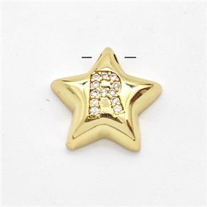 Copper Star Pendant Pave Zirconia Letter-R Large Hole Gold Plated, approx 16mm, 3mm hole