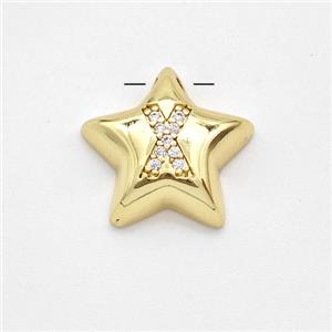 Copper Star Pendant Pave Zirconia Letter-X Large Hole Gold Plated, approx 16mm, 3mm hole