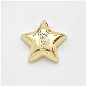 Copper Star Pendant Pave Zirconia Letter-Y Large Hole Gold Plated, approx 16mm, 3mm hole