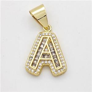 Copper Pendant Pave Zirconia Letter-A Gold Plated, approx 13-18mm