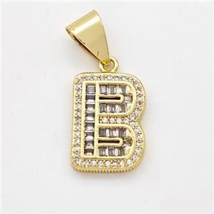 Copper Pendant Pave Zirconia Letter-B Gold Plated, approx 13-18mm