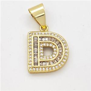 Copper Pendant Pave Zirconia Letter-D Gold Plated, approx 13-18mm