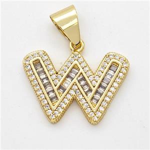 Copper Pendant Pave Zirconia Letter-W Gold Plated, approx 13-18mm