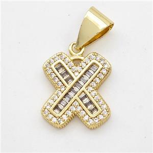 Copper Pendant Pave Zirconia Letter-X Gold Plated, approx 13-18mm