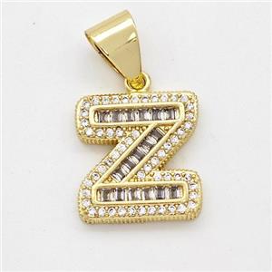 Copper Pendant Pave Zirconia Letter-Z Gold Plated, approx 13-18mm