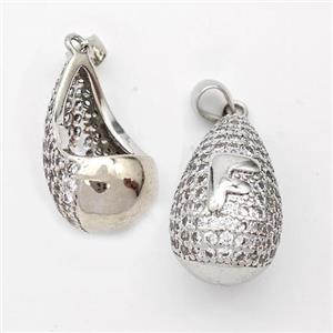 Copper Teardrop Pendant Pave Zirconia Letter-F Hollow Platinum Plated, approx 14-24mm