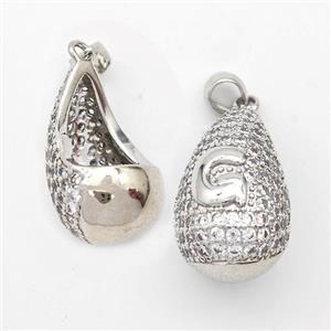 Copper Teardrop Pendant Pave Zirconia Letter-G Hollow Platinum Plated, approx 14-24mm