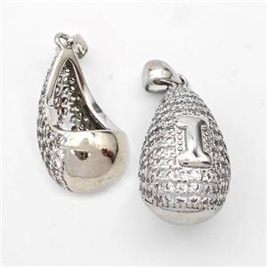 Copper Teardrop Pendant Pave Zirconia Letter-I Hollow Platinum Plated, approx 14-24mm