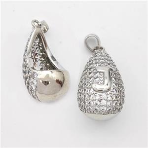 Copper Teardrop Pendant Pave Zirconia Letter-J Hollow Platinum Plated, approx 14-24mm