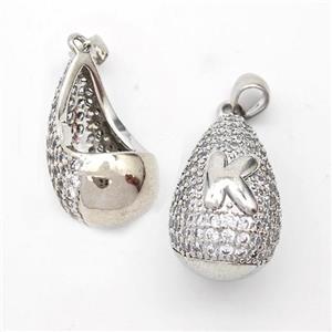 Copper Teardrop Pendant Pave Zirconia Letter-K Hollow Platinum Plated, approx 14-24mm