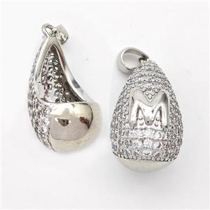 Copper Teardrop Pendant Pave Zirconia Letter-M Hollow Platinum Plated, approx 14-24mm