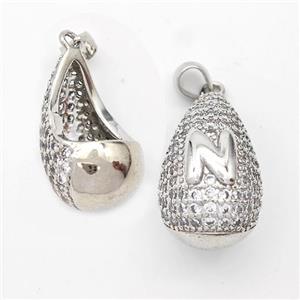 Copper Teardrop Pendant Pave Zirconia Letter-N Hollow Platinum Plated, approx 14-24mm