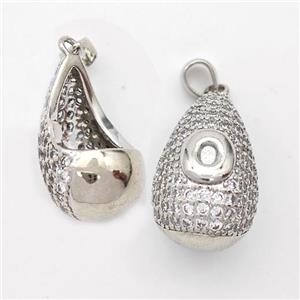 Copper Teardrop Pendant Pave Zirconia Letter-O Hollow Platinum Plated, approx 14-24mm